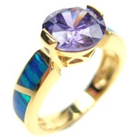Silver Ring (Gold Plated) W/ Inlay Created Opal, White & Tanzanite CZ