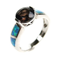 Silver Ring (Rhodium Plated) w/ Inlay Created Opal & Smoky Topaz CZ