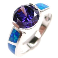 Silver Ring with Inlay Created Opal and Tanzanite CZ