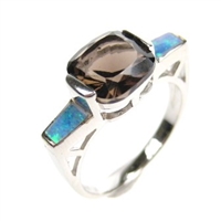 Silver Ring with Inlay Created Opal and Smoky Topaz CZ