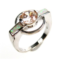 Silver Ring (Rhodium Plated) w/ Inlay Created Opal, Champagne & White CZ