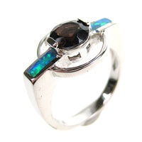 Silver Ring (Rhodium Plated) w/ Inlay Created Opal & Smoky Topaz CZ