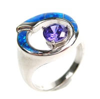 Silver Ring (Rhodium Plated) w/ Inlay Created Opal & Tanzanite CZ