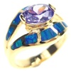 Silver Ring (Gold Plated) W/ Inlay Created Opal, White & Tanzanite CZ