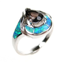 Silver Ring (Rhodium Plated) w/ Inlay Created Opal & Smoky Topaz CZ