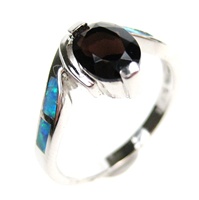 Silver Ring (Rhodium Plated) w/ Inlay Created Opal & Smoky Topaz CZ