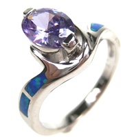 Silver Ring w/ Inlay Created Opal & Tanzanite CZ