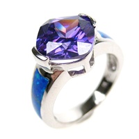 Silver Ring (Rhodium Plated) w/ Inlay Created Opal & Tanzanite CZ