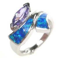 Silver Ring w/ Inlay Created Opal & Tanzanite CZ