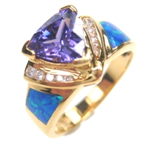 Silver Ring (Gold Plated) with Inlay Created Opal, White and Tanzanite CZ