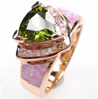 Silver Ring (Rose Gold Plated) with Inlay Created Opal, White and Dark Olive CZ