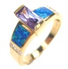 Silver Ring (Gold Plated) with Inlay Created Opal, White and Tanzanite CZ