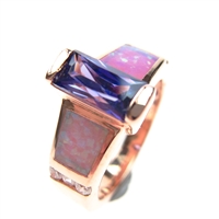 Silver Ring (Rose Gold Plated) with Inlay Created Opal, White and Tanzanite CZ