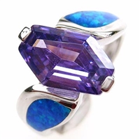 Silver Ring with Inlay Created Opal and Tanzanite CZ