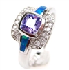 Silver Ring with Inlay Created Opal, White and Tanzanite CZ