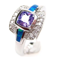 Silver Ring with Inlay Created Opal, White and Tanzanite CZ