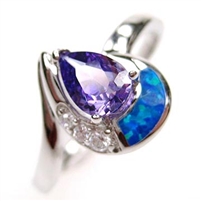 Silver Ring with Inlay Created Opal, White and Tanzanite CZ