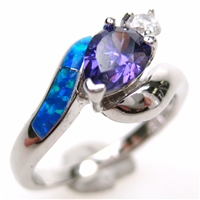 Silver Ring with Inlay Created Opal, White and Tanzanite CZ