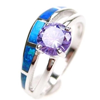 Silver Ring with Inlay Created Opal and Tanzanite CZ