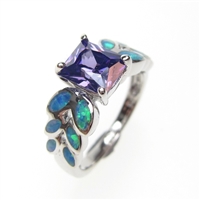 Silver Ring with Inlay Created Opal and Tanzanite CZ