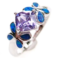Silver Ring with Inlay Created Opal and Tanzanite CZ