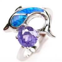 Silver Ring with Inlay Created Opal and Tanzanite CZ