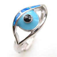 Silver Ring w/ Inlay Created Opal, Light Blue & Black Enamel
