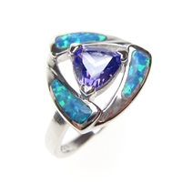 Silver Ring with Inlay Created Opal and Tanzanite CZ