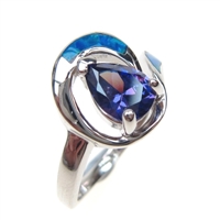 Silver Ring with Inlay Created Opal and Tanzanite CZ