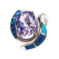 Silver Ring with Inlay Created Opal and Tanzanite CZ