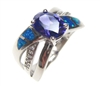 Silver Ring with Inlay Created Opal, White and Tanzanite CZ