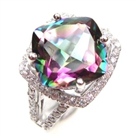 Sterling Silver Ring with Rainbow Mystic Quartz and White CZ