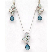 Silver Earrings and Pendant Set (Rhodium Plated) W/ Inlay Created Opal & Blue Topaz CZ