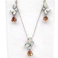 Silver Earrings and Pendant Set (Rhodium Plated) w/ Inlay Created Opal & Champagne CZ