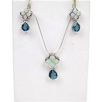 Silver Earring and Pendant Set (Rhodium Plated) W/ Inlay Created Opal and Blue Topaz CZ