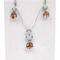 Silver Earrings and Pendant Set (Rhodium Plated) w/ Inlay Created Opal & Champagne CZ