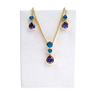 Silver Earrings and Pendant Set (Gold Plated) W/ Inlay Created Opal and Tanzanite CZ