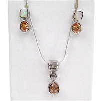 Silver Earrings and Pendant Set (Rhodium Plated) w/ Inlay Created Opal & Champagne CZ