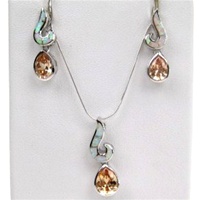 Silver Earrings and Pendant Set (Rhodium Plated) w/ Inlay Created Opal & Champagne CZ