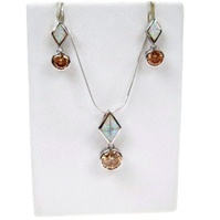 Silver Earrings and Pendant Set (Rhodium Plated) w/ Inlay Created Opal & Champagne CZ