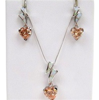 Silver Earrings and Pendant Set (Rhodium Plated) w/ Inlay Created Opal & Champagne CZ