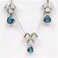 Silver Earrings and Pendant Set (Rhodium Plated) w/ Inlay Created Opal & Blue Topaz CZ