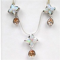 Silver Earrings and Pendant Set (Rhodium Plated) w/ Inlay Created Opal & Champagne CZ