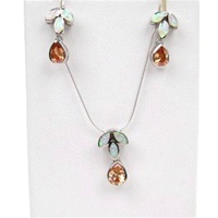 Silver Earrings and Pendant Set (Rhodium Plated) w/ Inlay Created Opal & Champagne CZ