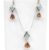 Silver Earrings and Pendant Set (Rhodium Plated) w/ Inlay Created Opal & Champagne CZ