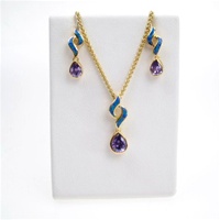 Silver Earrings and Pendant Set (Gold Plated) W/ Inlay Created Opal and Tanzanite CZ