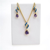 Silver Earrings and Pendant Set (Gold Plated) W/ Inlay Created Opal and Tanzanite CZ