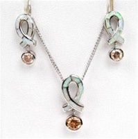 Silver Earrings and Pendant Set (Rhodium Plated) w/ Inlay Created Opal & Champagne CZ