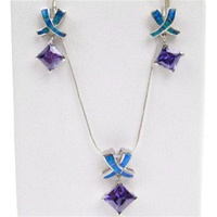 Silver Earrings and Pendant Set (Rhodium Plated) w/ Inlay Created Opal & Tanzanite CZ