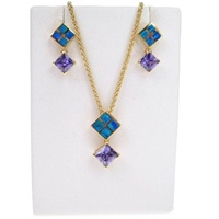 Silver Earrings and Pendant Set (Gold Plated) W/ Inlay Created Opal and Tanzanite CZ